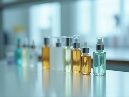 Closeup of cosmetic bottles on a testing line in a laboratory